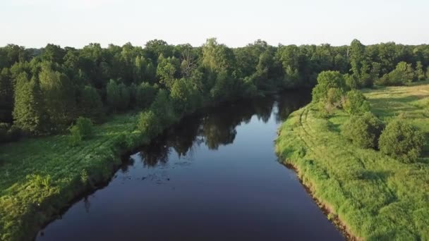 Aerial View River Green Meadows Beautiful Sunset Light Meander Evening — Stock Video