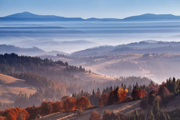 Ochtendnevel in bergen. Zonsopgang en herfst mist over de heuvel — Stockfoto