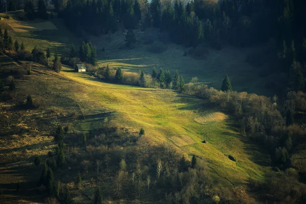 Jarní zelené svahy. Slunečný duben v horách. — Stock fotografie