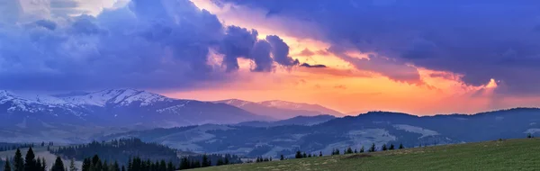 Tarde soleada de primavera. Atardecer de abril en Cárpatos — Foto de Stock