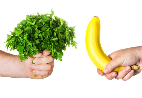 Banana like a big penis and parsley — Stock Photo, Image