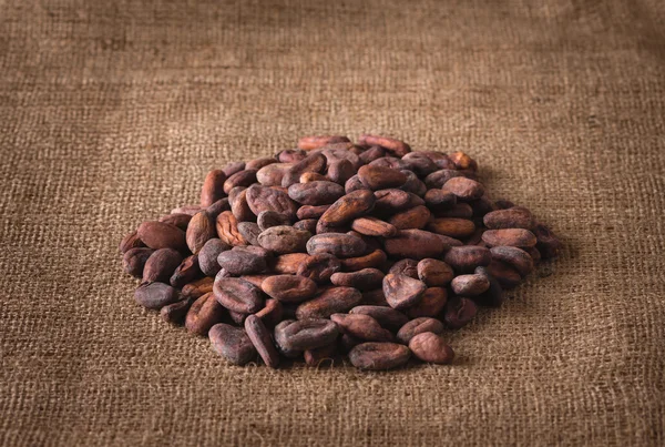 Pile of raw cocoa beans on sacking — Stock Photo, Image