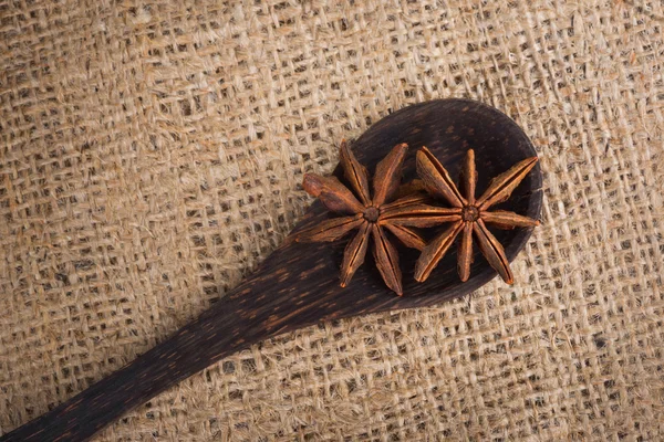 Star anise in a wooden spoon on sacking — Stockfoto