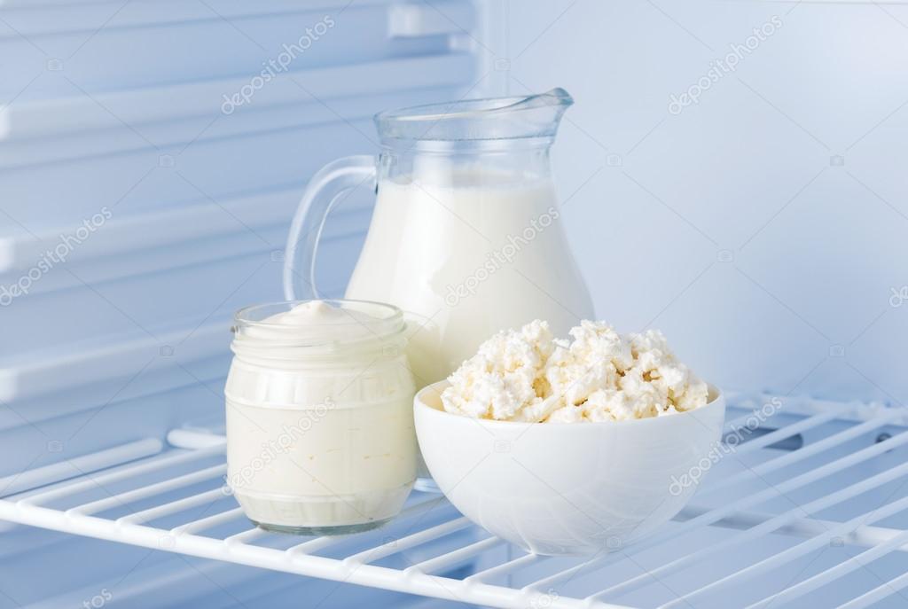 tasty dairy products: sour cream, cottage cheese, milk