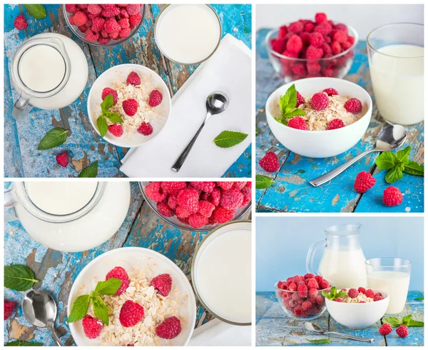 Oat flakes with milk and frash raspberries — Stock Photo, Image