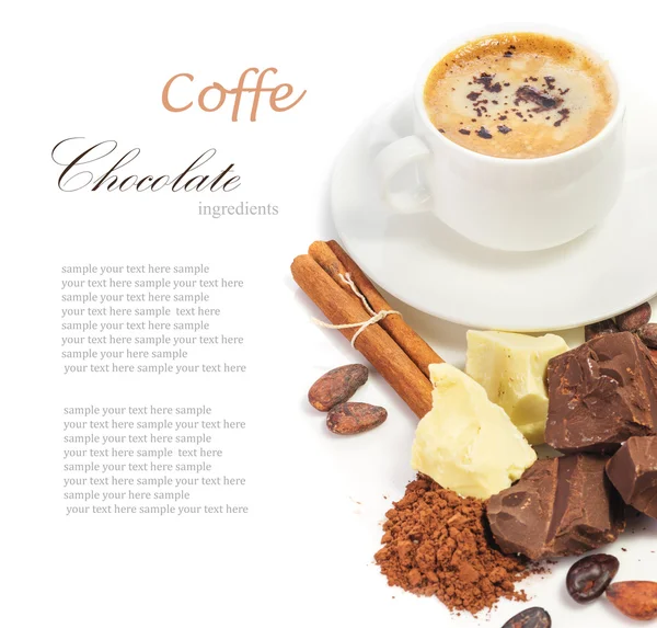 Cup of hot coffee and ingredients for making chocolate — Stock fotografie