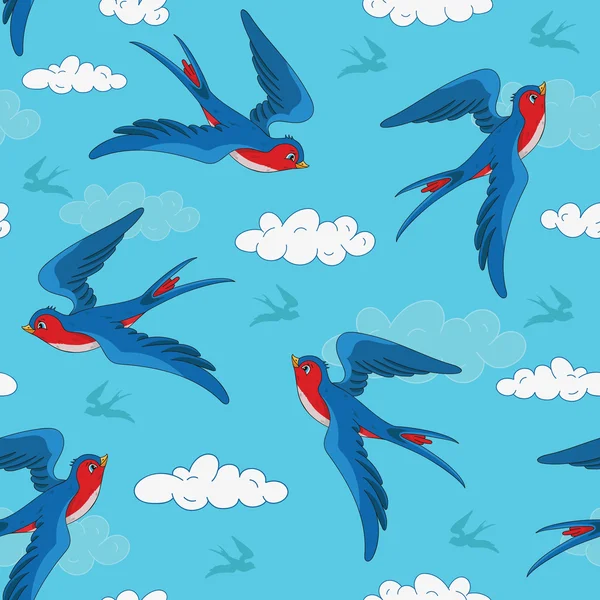 Patrón de pájaro sin costuras con golondrinas lindas en las nubes — Archivo Imágenes Vectoriales