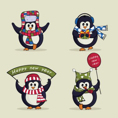 Noel sevimli penguenler ayarlayın. Vektör çizim