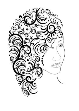 Kadın yüzü. Genç bir kadının saçında çiçek motifleri. Güzel gür saç stili