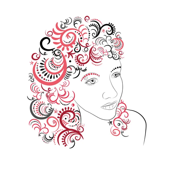 Γυναικείο Πρόσωπο Floral Μοτίβα Στα Μαλλιά Μιας Νεαρής Γυναίκας Όμορφο — Διανυσματικό Αρχείο