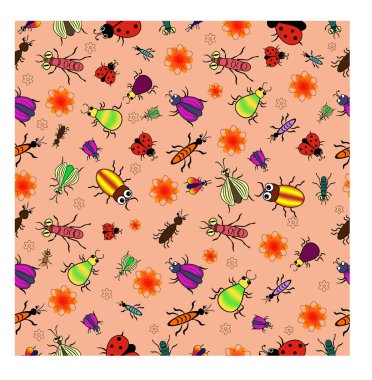 Çocuklar için çizilen böcekler çok renkli canlılardır. Kumaş, arkaplan veya kağıt için kusursuz desen