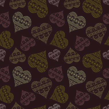 Açık renkli kalpler rastgele dağılmış durumda. Kusursuz desen. Kumaş, arkaplan veya ambalaj kağıdı için tasarım