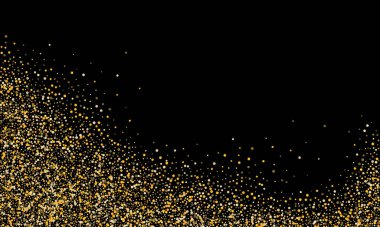 Altın kum, siyah arka planda konfeti. Yuvarlak şekilli küçük parçacıklar. Kartpostal afişi için şenlikli lüks arka plan