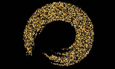 Altın kum, siyah arka planda konfeti. Yuvarlak şekilli küçük parçacıklar. Kartpostal afişi için şenlikli lüks arka plan