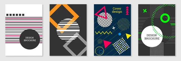 Geometric cover design, set. Abstract unusual background in the style of Memphis. Bright geometric shapes in random order