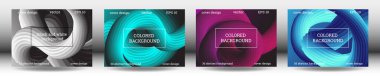 Fütürist soyut parlak hacimli arka planlar. 4 kapak. Ses dalgaları, kablolar. Yaratıcı modern altyapı. Kapak tasarımı, duvar kağıdı, arkaplan, afiş, broşür.