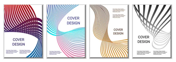 Design of covers for magazines, banners, posters. Set of 4 covers. Multicolored wavy parallel gradient lines or ribbons.