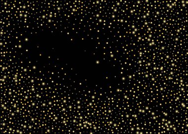 Altın gibi parlak kum, siyah arka planda konfeti. Yuvarlak şekilli küçük parçacıklar. Tebrik kartı arkaplanı veya afişi için şenlikli lüks arkaplan