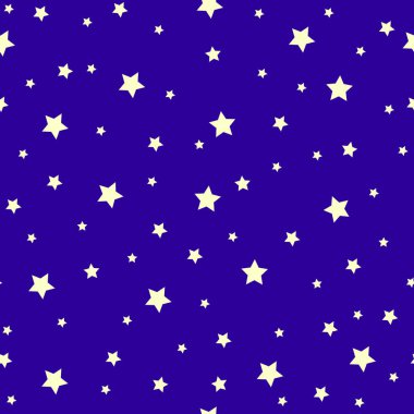 Farklı boyutlarda yıldızlar, kusursuz desenler. Kumaş, ambalaj kağıdı, arka plan, duvar kâğıdı için neşeli bir tasarım. Vektör.