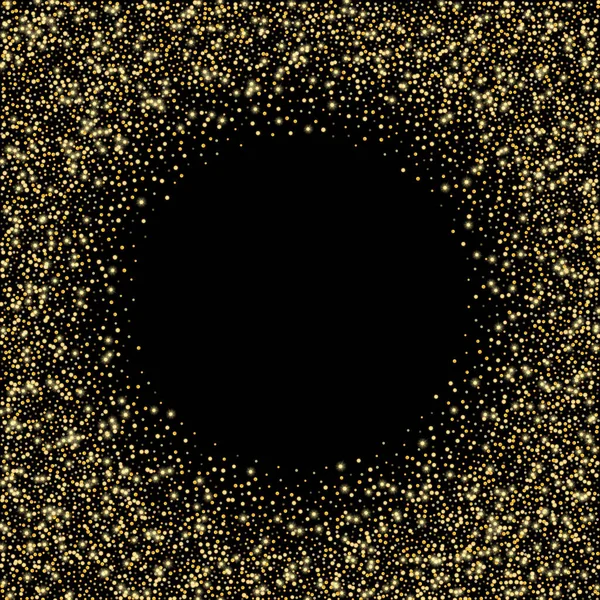 黄金の光沢のある砂 黒の背景にコンフェッティ 丸い形の小さな粒子 グリーティングカードの背景やバナーのための祭りの豪華な背景 — ストックベクタ