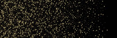 Altın gibi parlak kum, siyah arka planda konfeti. Yuvarlak şekilli küçük parçacıklar. Tebrik kartı arkaplanı veya afişi için şenlikli lüks arkaplan