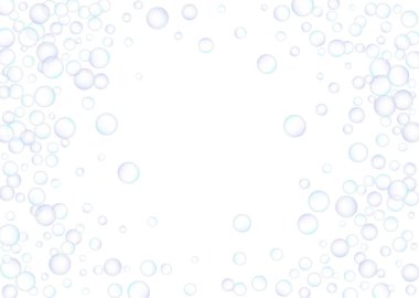 Sabun köpükleri, büyük ve küçük, beyaz arka planda rastgele dağılmış. Mavinin ve morun tonları. Vektör