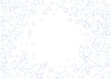 Sabun köpükleri, büyük ve küçük, beyaz arka planda rastgele dağılmış. Mavinin ve morun tonları. Vektör