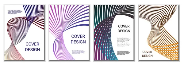 Design of covers for magazines, banners, posters. Set of 4 covers. Multicolored wavy parallel gradient lines or ribbons.