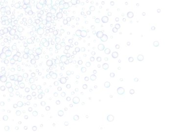 Sabun köpükleri, büyük ve küçük, beyaz arka planda rastgele dağılmış. Mavinin ve morun tonları. Vektör