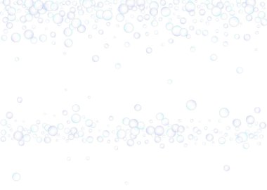 Sabun köpükleri, büyük ve küçük, beyaz arka planda rastgele dağılmış. Mavinin ve morun tonları. Vektör