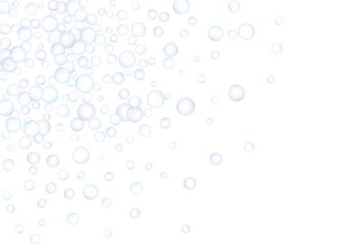 Sabun köpükleri, büyük ve küçük, beyaz arka planda rastgele dağılmış. Mavinin ve morun tonları. Vektör