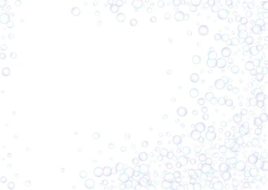 Sabun köpükleri, büyük ve küçük, beyaz arka planda rastgele dağılmış. Mavinin ve morun tonları. Vektör