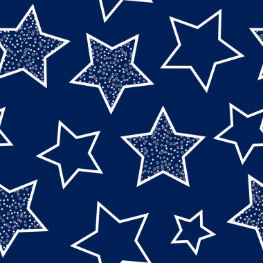 Farklı boyutlarda çok renkli yıldızları fırlatarak. Kusursuz desen. Kumaş ve ambalaj kağıtları için tasarım