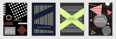 Geometrik kapak tasarımı, hazır. Memphis tarzında soyut sıradışı bir geçmiş. Rastgele sıralanmış parlak geometrik şekiller