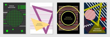 Geometrik kapak tasarımı, hazır. Memphis tarzında soyut sıradışı bir geçmiş. Rastgele sıralanmış parlak geometrik şekiller