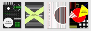 Geometrik kapak tasarımı, hazır. Memphis tarzında soyut sıradışı bir geçmiş. Rastgele sıralanmış parlak geometrik şekiller