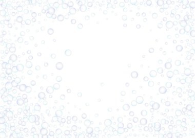 Sabun köpükleri, büyük ve küçük, beyaz arka planda rastgele dağılmış. Mavinin ve morun tonları. Vektör