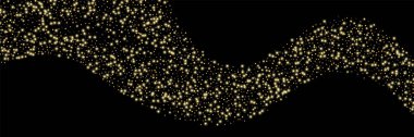 Altın gibi parlak kum, siyah arka planda konfeti. Yuvarlak şekilli küçük parçacıklar. Tebrik kartı arkaplanı veya afişi için şenlikli lüks arkaplan