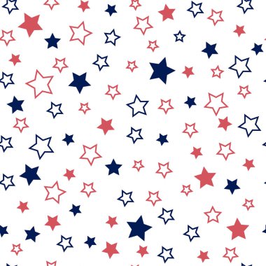Farklı boyutlarda çok renkli yıldızları fırlatarak. Kusursuz desen. Kumaş ve ambalaj kağıtları için tasarım