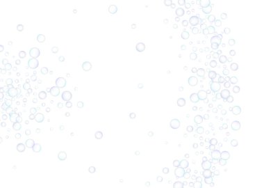 Sabun köpükleri, büyük ve küçük, beyaz arka planda rastgele dağılmış. Mavinin ve morun tonları. Vektör