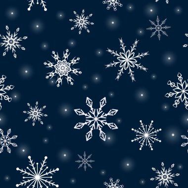 Kar taneleri. Kusursuz desen. Kar, kar, düşen beyaz kar taneleri. Kumaş, duvar kağıdı, kapak, ambalaj kağıdı için arka plan tasarımı. Vektör