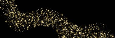 Siyah arka planda altın parıltısı konfetisi. Parlak parçacıklar dağılmış, kum. Dekoratif unsur. Tasarımınız, kartlarınız, davetiyeleriniz, vektörünüz için lüks bir arkaplan