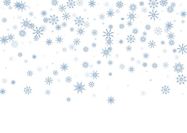 Azul delicados copos de nieve calados dispersan sobre un fondo blanco. Fondo festivo, diseño de tarjetas postales, papel pintado — Vector de stock