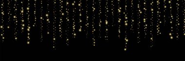 Altın gibi parlak kum, siyah arka planda konfeti. Yuvarlak şekilli küçük parçacıklar. Tebrik kartı arkaplanı veya afişi için şenlikli lüks arkaplan