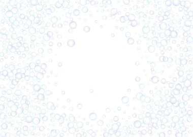 Sabun köpükleri, büyük ve küçük, beyaz arka planda rastgele dağılmış. Mavinin ve morun tonları. Vektör