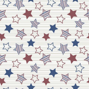 Farklı boyutlarda çok renkli yıldızları fırlatarak. Kusursuz desen. Kumaş ve ambalaj kağıtları için tasarım