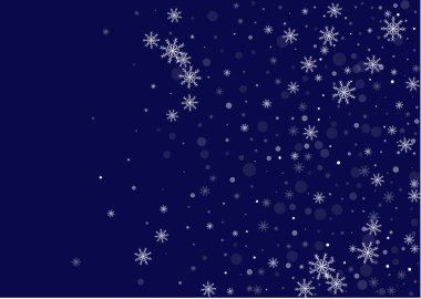 Noel arkaplanı. Mavi narin kar taneleri beyaz arka planda uçar. Şenlikli