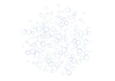 Sabun köpükleri, büyük ve küçük, beyaz arka planda rastgele dağılmış. Mavinin ve morun tonları. Vektör