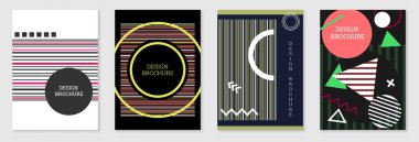 Geometrik kapak tasarımı, hazır. Memphis tarzında soyut sıradışı bir geçmiş. Rastgele sıralanmış parlak geometrik şekiller