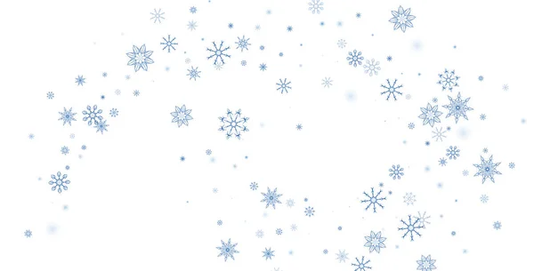 Azul delicados copos de nieve calados dispersan sobre un fondo blanco. Fondo festivo, diseño de tarjetas postales, papel pintado — Vector de stock